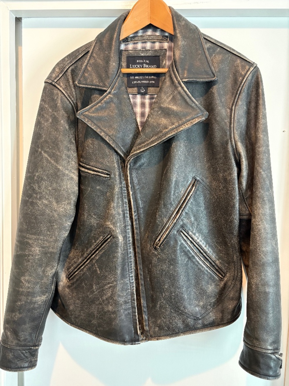 Lucky Brand Handcrafted Distressed Black Leather Moto Jacket Mens Size L